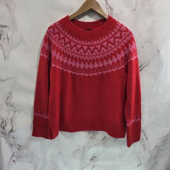 Talbots Sweater Womens Medium Red Pink Wool Blend Fair Isle Nordic Holiday - Picture 1 of 11